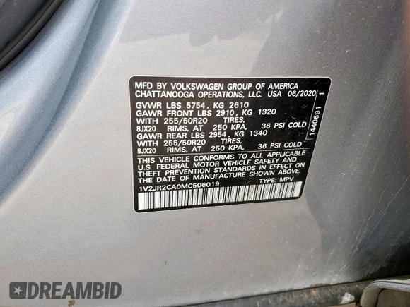 2021 Volkswagen Atlas SE with VIN 1V2JR2CA0MC506019, listed as a Copart auction lot 54863625 with 134,139 mi miles and Salvage title. Bid and sale history available at DreamBid. Image 12.