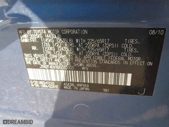 2011 Toyota RAV4 with VIN JTMZF4DVXB5032303, listed as a IAAI auction lot 41536056 with 239,061 mi miles. Bid and sale history available at carsss.com. Image 9.