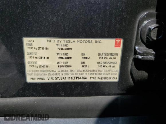 2014 Tesla Model S 60 z VIN 5YJSA1H11EFP64764, wystawiony jako Copart lot #64265815 z przebiegiem 126 191 mil mil oraz Szkoda całkowita • Salvage title. Historia ofert i sprzedaży dostępna na DreamBid. Obrazek 13.