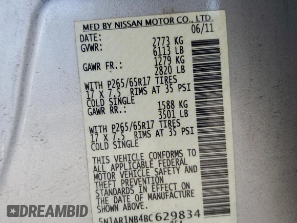 2011 Nissan Pathfinder S with VIN 5N1AR1NB4BC629834, listed as a Copart auction lot 61241345 with 122,348 mi miles and Salvage title. Bid and sale history available at DreamBid. Image 14.