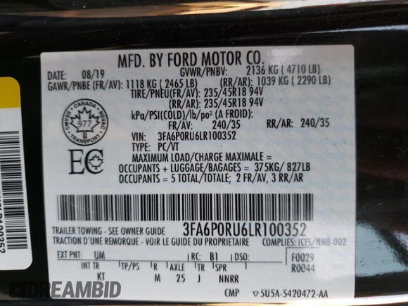 2020 Ford Fusion Hybrid Titanium with VIN 3FA6P0RU6LR100352, listed as a Copart auction lot 61331832 with 52,038 mi miles. Bid and sale history available at carsss.com. Image 10.