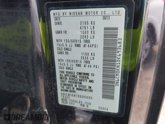 2013 Nissan NV200 SV with VIN 3N6CM0KN1DK693683, listed as a IAAI auction lot 42474521 with 83,826 mi miles and . Bid and sale history available at DreamBid. Image 9.