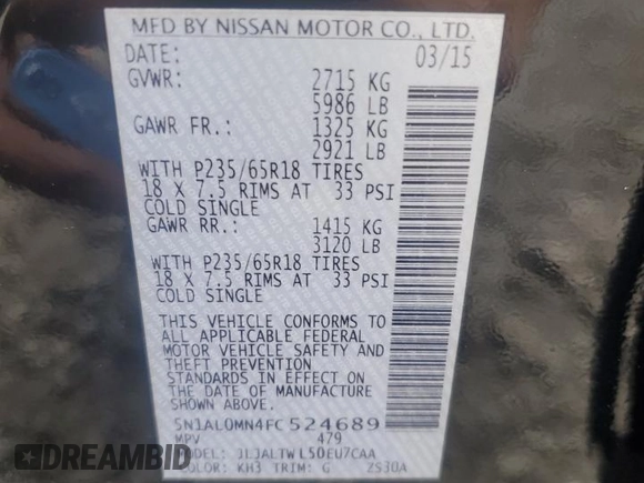 2015 Infiniti QX60 with VIN 5N1AL0MN4FC524689, listed as a Copart auction lot 80736604 with 126,945 mi miles and Salvage Title. Bid and sale history available at DreamBid. Image 15.