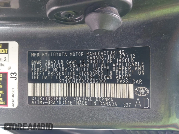 2012 Toyota Corolla L with VIN 2T1BU4EE8CC906366, listed as a IAAI auction lot 42020239 with Not Provided miles and . Bid and sale history available at DreamBid. Image 9.