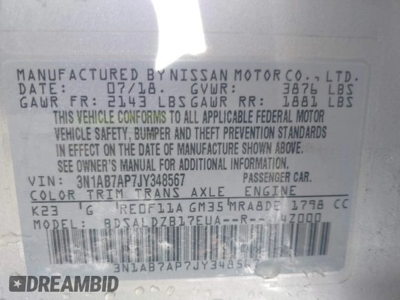 2018 Nissan Sentra S with VIN 3N1AB7AP7JY348567, listed as a IAAI auction lot 41834713 with 37,190 mi miles and . Bid and sale history available at DreamBid. Image 9.
