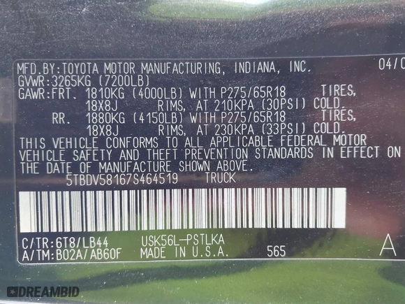 2007 Toyota Tundra LTD with VIN 5TBDV58167S464519, listed as a IAAI auction lot 41569216 with 311,460 mi miles. Bid and sale history available at carsss.com. Image 9.