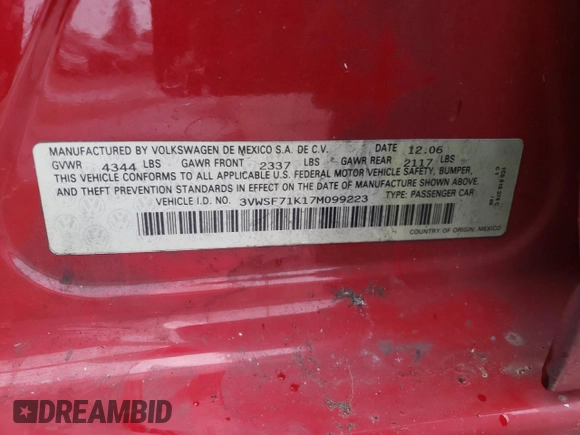 2007 Volkswagen Jetta 2.5 with VIN 3VWSF71K17M099223, listed as a Copart auction lot 45554825 with 133,550 mi miles and Salvage title. Bid and sale history available at DreamBid. Image 14.