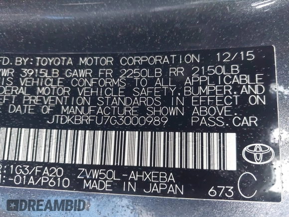 2016 Toyota Prius Two z VIN JTDKBRFU7G3000989, wystawiony jako IAAI lot #42345088 z przebiegiem 117 427 mil mil oraz . Historia ofert i sprzedaży dostępna na DreamBid. Obrazek 9.