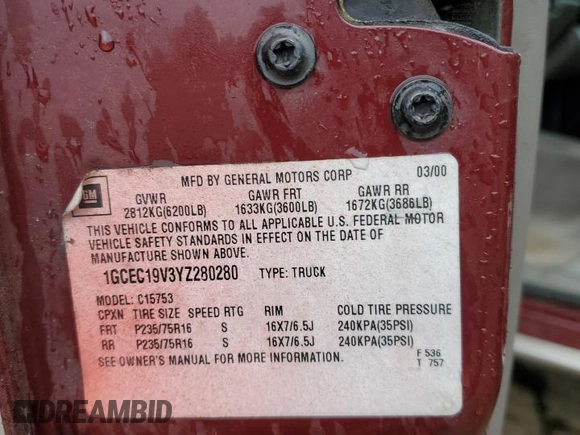 2000 Chevrolet Silverado 1500 with VIN 1GCEC19V3YZ280280, listed as a Copart auction lot 47756885 with 0 mi miles and Salvage Title. Bid and sale history available at carsss.com. Image 12.