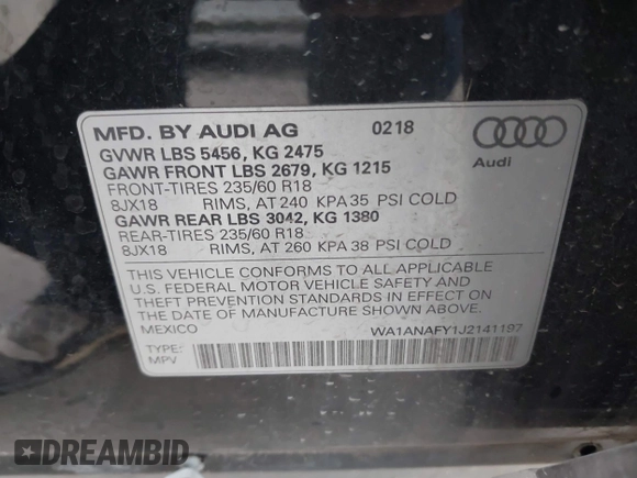 2018 Audi Q5 Premium with VIN WA1ANAFY1J2141197, listed as a IAAI auction lot 41427699 with 85,263 mi miles. Bid and sale history available at carsss.com. Image 9.