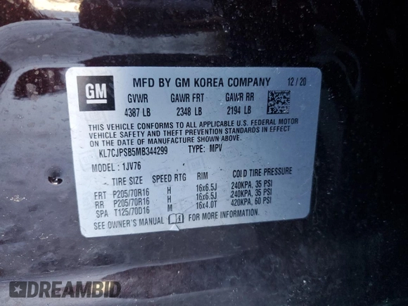 2021 Chevrolet Trax LT z VIN KL7CJPSB5MB344299, wystawiony jako Copart lot #45540525 z przebiegiem Nie podano mil oraz Szkoda całkowita • Salvage title. Historia ofert i sprzedaży dostępna na DreamBid. Obrazek 14.