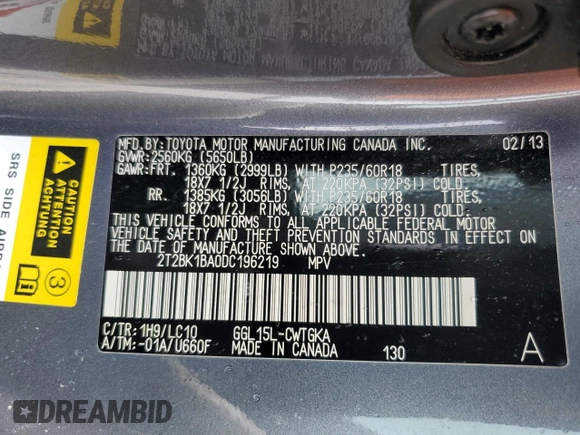 2013 Lexus RX 350 with VIN 2T2BK1BA0DC196219, listed as a Copart auction lot 60864725 with 83,319 mi miles and Salvage title. Bid and sale history available at DreamBid. Image 14.