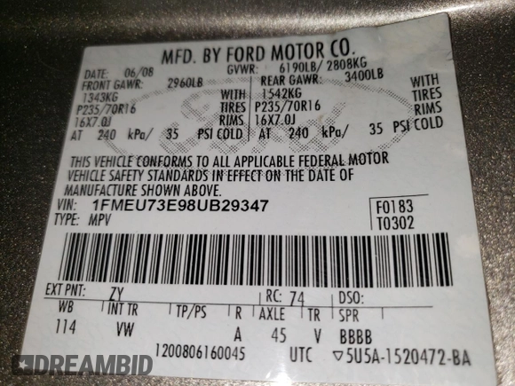 2008 Ford Explorer XLT with VIN 1FMEU73E98UB29347, listed as a Copart auction lot 60543205 with 148,821 mi miles and Salvage title. Bid and sale history available at DreamBid. Image 13.