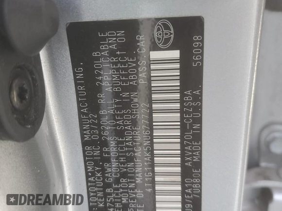 2022 Toyota Camry SE with VIN 4T1G11AK5NU677722, listed as a Copart auction lot 46927405 with 46,786 mi miles and Salvage Title. Bid and sale history available at DreamBid. Image 14.