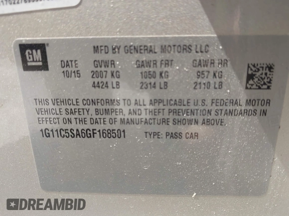2016 Chevrolet Malibu Limited LT with VIN 1G11C5SA6GF168501, listed as a IAAI auction lot 41917649 with 123,208 mi miles. Bid and sale history available at carsss.com. Image 9.