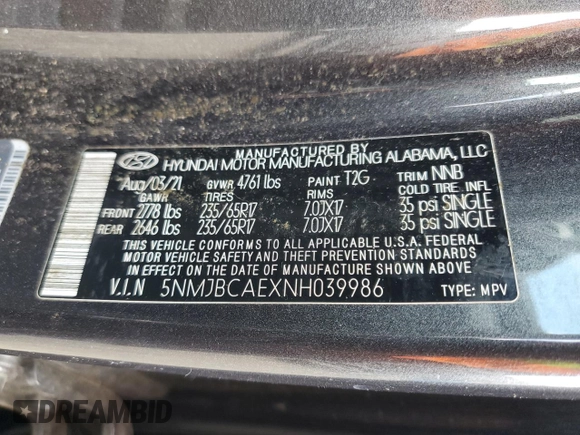 2022 Hyundai Tucson SEL z VIN 5NMJBCAEXNH039986, wystawiony jako Copart lot #57058995 z przebiegiem 80 947 mil mil oraz Szkoda całkowita • Salvage title. Historia ofert i sprzedaży dostępna na DreamBid. Obrazek 13.