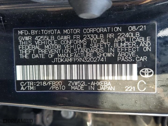 2022 Toyota Prius Prime LE with VIN JTDKAMFPXN3202741, listed as a Copart auction lot 85609764 with 90,309 mi miles and Salvage Title. Bid and sale history available at carsss.com. Image 12.