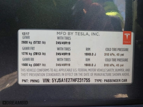 2017 Tesla Model S 100D with VIN 5YJSA1E27HF231755, listed as a IAAI auction lot 41351997 with 127,729 mi miles. Bid and sale history available at carsss.com. Image 9.