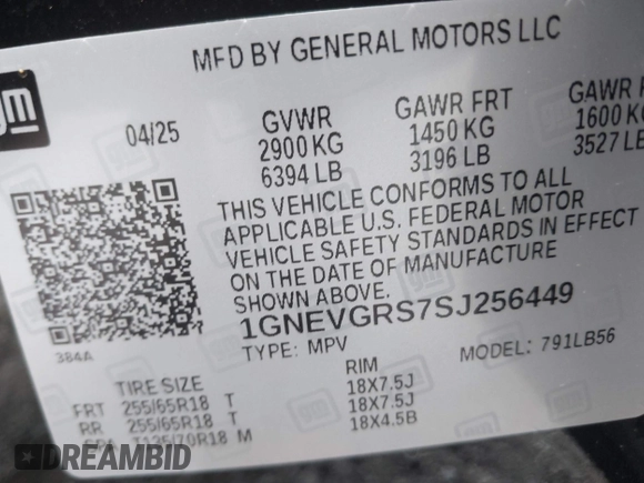 2025 Chevrolet Traverse AWD LT with VIN 1GNEVGRS7SJ256449, listed as a IAAI auction lot 42645537 with 3,205 mi miles and . Bid and sale history available at DreamBid. Image 9.