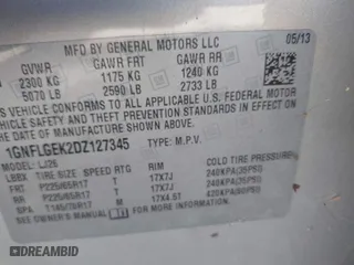 2013 Chevrolet Equinox LTZ with VIN 1GNFLGEK2DZ127345, listed as a IAAI auction lot 42057044 with 193,549 mi miles. Bid and sale history available at carsss.com. Image 9.