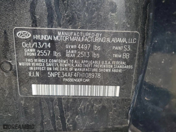 2015 Hyundai Sonata 2.4L Sport with VIN 5NPE34AF4FH108978, listed as a Copart auction lot 49349585 with 0 mi miles and Salvage Title. Bid and sale history available at carsss.com. Image 15.
