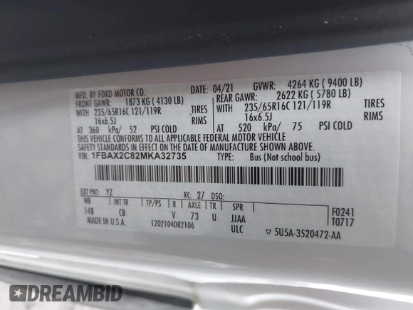 2021 Ford Transit Passenger XL with VIN 1FBAX2C82MKA32735, listed as a IAAI auction lot 41312892 with 62,053 mi miles and . Bid and sale history available at DreamBid. Image 9.