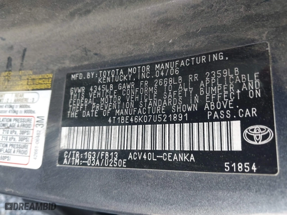 2007 Toyota Camry CE with VIN 4T1BE46K07U521891, listed as a IAAI auction lot 41932327 with 226,856 mi miles. Bid and sale history available at carsss.com. Image 9.