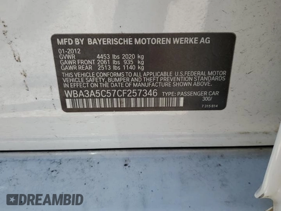 2012 BMW 3 Series 328i with VIN WBA3A5C57CF257346, listed as a Copart auction lot 53744705 with 118,242 mi miles and Salvage title. Bid and sale history available at DreamBid. Image 14.
