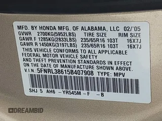 2005 Honda Odyssey EX-L z VIN 5FNRL38615B407908, wystawiony jako IAAI lot #42076045 z przebiegiem 170 950 mil mil oraz . Historia ofert i sprzedaży dostępna na DreamBid. Obrazek 9.