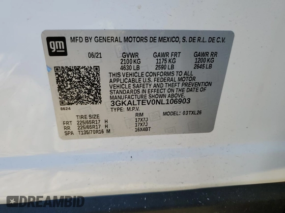 2022 GMC Terrain SLE with VIN 3GKALTEV0NL106903, listed as a Copart auction lot 82581964 with Not provided miles and Salvage title. Bid and sale history available at DreamBid. Image 15.