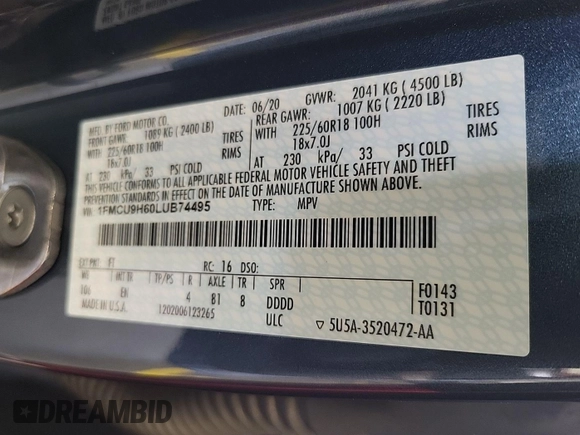 2020 Ford Escape SEL z VIN 1FMCU9H60LUB74495, wystawiony jako IAAI lot #42634880 z przebiegiem 39 530 mil mil oraz . Historia ofert i sprzedaży dostępna na DreamBid. Obrazek 10.