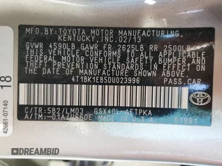 2013 Toyota Avalon XLE with VIN 4T1BK1EB5DU023996, listed as a Copart auction lot 49280845 with 148,017 mi miles and Salvage Title. Bid and sale history available at DreamBid. Image 15.