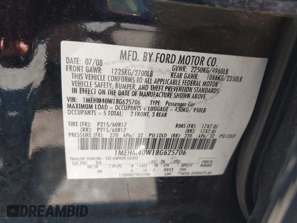 2008 Mercury Sable with VIN 1MEHM40W18G625706, listed as a IAAI auction lot 42115549 with 176,557 mi miles. Bid and sale history available at carsss.com. Image 9.