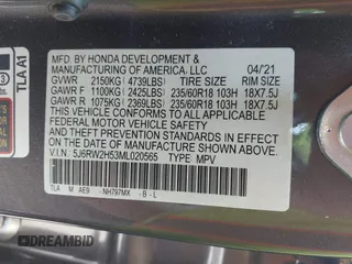 2021 Honda CR-V EX with VIN 5J6RW2H53ML020565, listed as a IAAI auction lot 42396639 with 9,466 mi miles and . Bid and sale history available at DreamBid. Image 9.