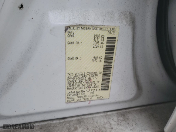 2013 Nissan Altima 2.5 S with VIN 1N4AL3AP3DN577239, listed as a Copart auction lot 86365744 with 198,462 mi miles and Salvage Title. Bid and sale history available at carsss.com. Image 12.