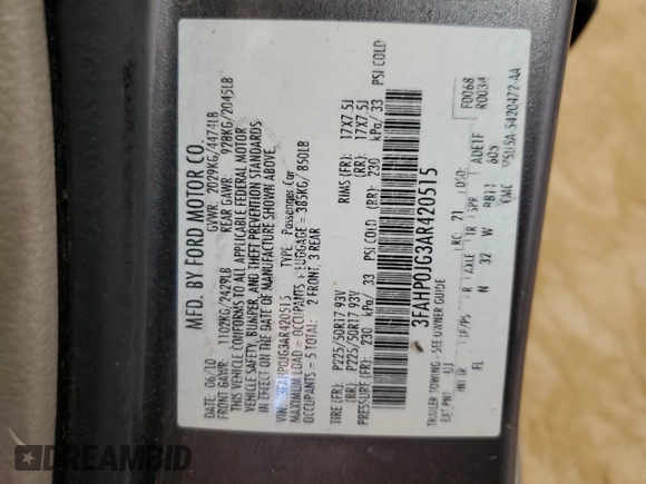 2010 Ford Fusion SEL with VIN 3FAHP0JG3AR420515, listed as a Copart auction lot 50917545 with 153,704 mi miles and Salvage Title. Bid and sale history available at carsss.com. Image 14.
