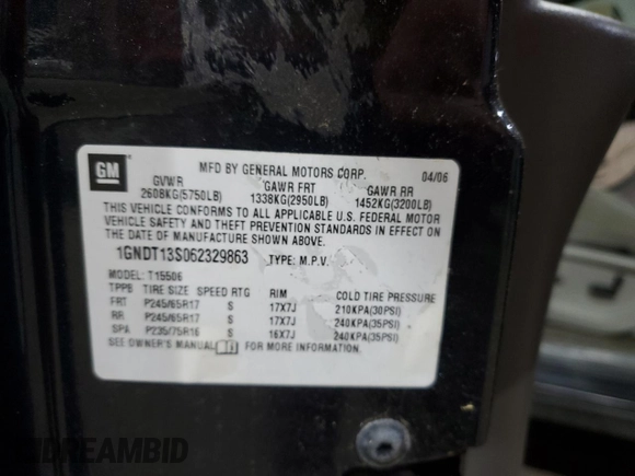 2006 Chevrolet TrailBlazer LS with VIN 1GNDT13S062329863, listed as a Copart auction lot 82509604 with Not Provided miles and Clean Title. Bid and sale history available at DreamBid. Image 13.
