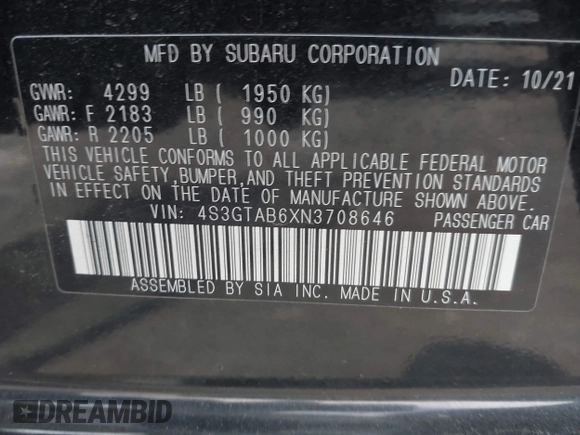 2022 Subaru Impreza z VIN 4S3GTAB6XN3708646, wystawiony jako IAAI lot #42282093 z przebiegiem 16 810 mil mil oraz . Historia ofert i sprzedaży dostępna na DreamBid. Obrazek 9.