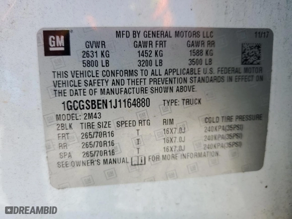 2018 Chevrolet Colorado 2WD Work Truck with VIN 1GCGSBEN1J1164880, listed as a Copart auction lot 87051094 with 164,811 mi miles and Salvage Title. Bid and sale history available at carsss.com. Image 14.