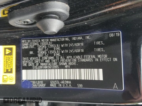 2019 Toyota Highlander SE z VIN 5TDJZRFH8KS613995, wystawiony jako Copart lot #57644135 z przebiegiem 110 326 mil mil oraz Szkoda całkowita • Salvage title. Historia ofert i sprzedaży dostępna na DreamBid. Obrazek 13.