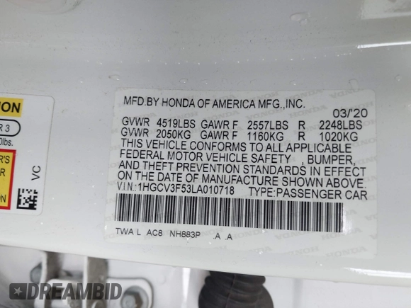 2020 Honda Accord EX-L with VIN 1HGCV3F53LA010718, listed as a IAAI auction lot 41712897 with Not provided miles and . Bid and sale history available at DreamBid. Image 9.