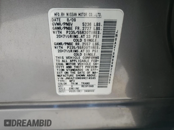 2009 Nissan Murano LE with VIN JN8AZ18W89W214595, listed as a Copart auction lot 71643454 with 217,328 mi miles and Salvage Title. Bid and sale history available at carsss.com. Image 13.