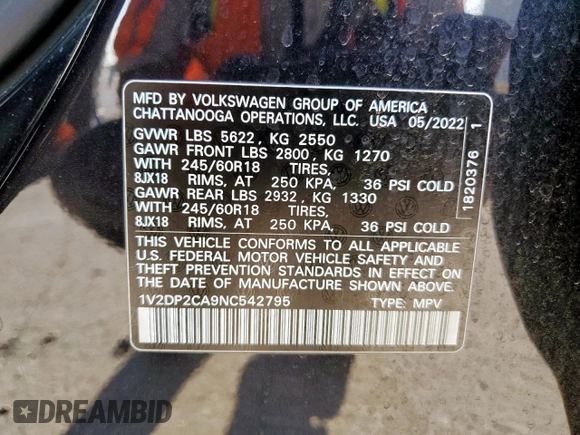 2022 Volkswagen Atlas SE with VIN 1V2DP2CA9NC542795, listed as a Copart auction lot 58150825 with 45,399 mi miles and Clean title. Bid and sale history available at DreamBid. Image 13.