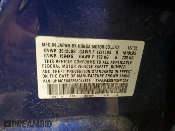 2009 Honda Fit with VIN JHMGE88229S044859, listed as a Copart auction lot 52742495 with 398,726 mi miles and Salvage Title. Bid and sale history available at carsss.com. Image 12.