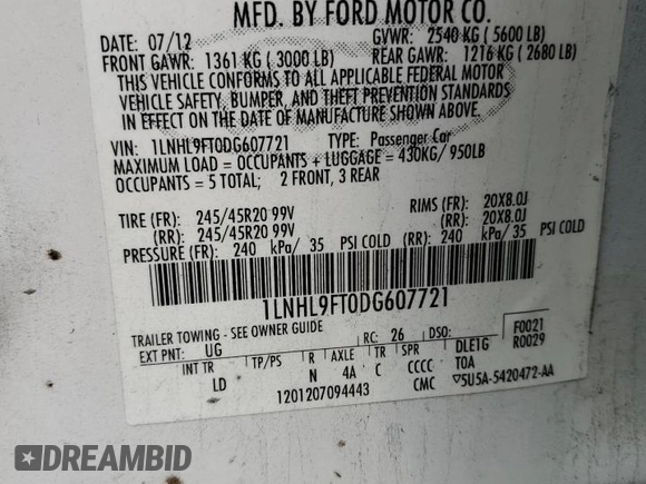 2013 Lincoln MKS EcoBoost with VIN 1LNHL9FT0DG607721, listed as a Copart auction lot 85129344 with 158,191 mi miles and Salvage title. Bid and sale history available at DreamBid. Image 15.