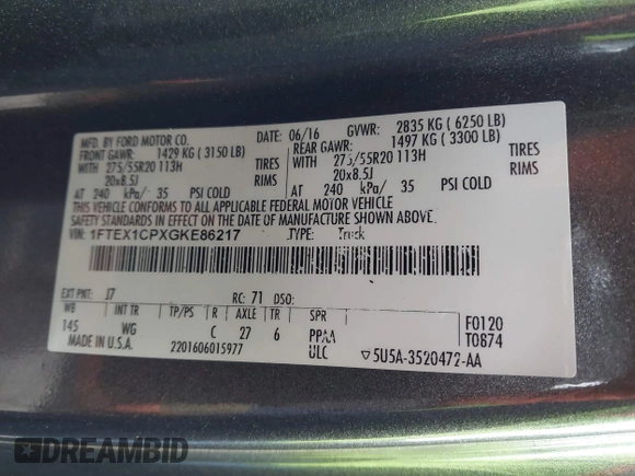 2016 Ford F-150 XL with VIN 1FTEX1CPXGKE86217, listed as a IAAI auction lot 42051290 with Not provided miles and . Bid and sale history available at DreamBid. Image 9.