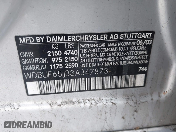 2003 Mercedes-Benz E 320 z VIN WDBUF65J33A347873, wystawiony jako IAAI lot #41568345 z przebiegiem 119 174 mil mil oraz . Historia ofert i sprzedaży dostępna na DreamBid. Obrazek 9.