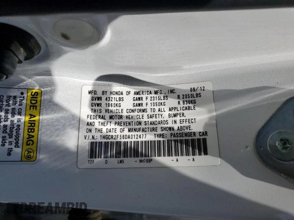 2013 Honda Accord Sport with VIN 1HGCR2F56DA012477, listed as a Copart auction lot 56510975 with 131,662 mi miles and Clean Title. Bid and sale history available at DreamBid. Image 12.