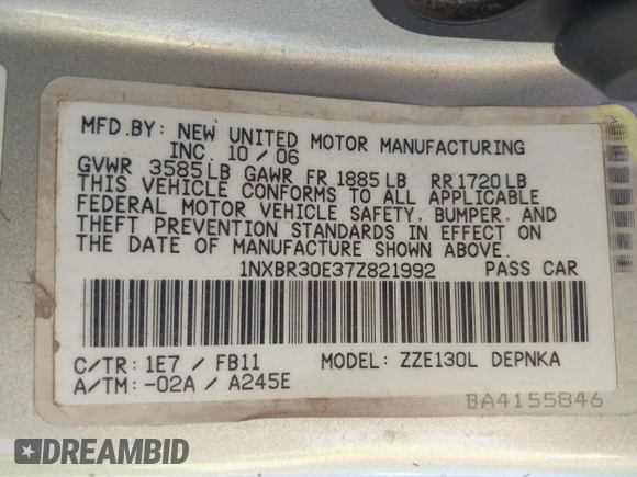 2007 Toyota Corolla CE with VIN 1NXBR30E37Z821992, listed as a IAAI auction lot 42290937 with Not provided miles and . Bid and sale history available at DreamBid. Image 9.