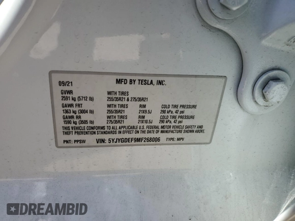 2021 Tesla Model Y Performance with VIN 5YJYGDEF9MF268006, listed as a Copart auction lot 49082695 with 69,743 mi miles and Salvage Title. Bid and sale history available at DreamBid. Image 13.